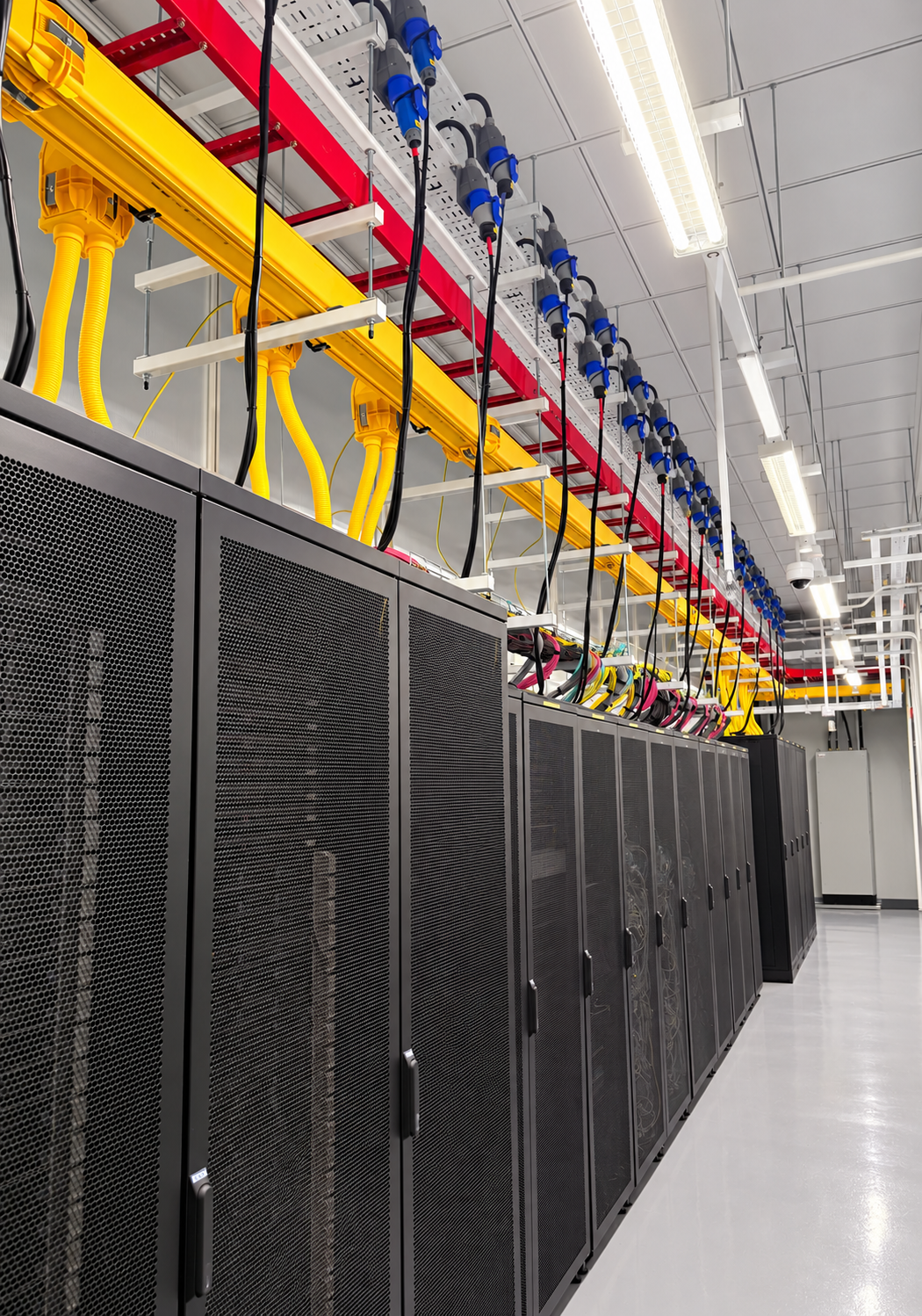 Data centre server cabinets, overhead power connections and cable containment